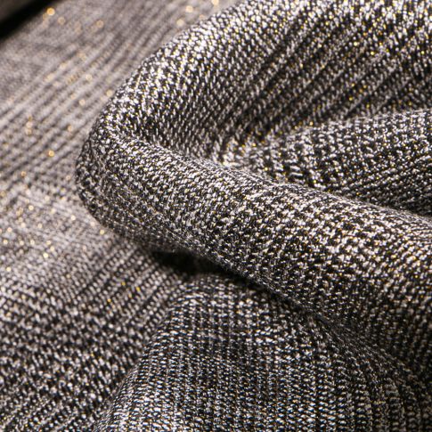 Tissu Jacquard polyviscose extensible Carreaux Ecossais noir et lurex doré sur fond Blanc