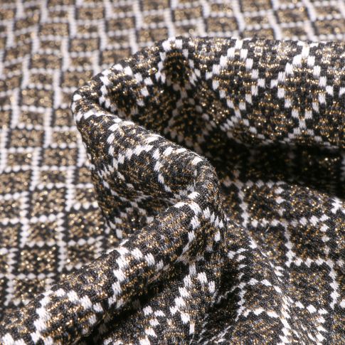 Tissu Jacquard polyviscose Losanges kaki lurex sur fond Blanc