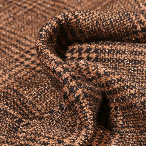 Tissu Jacquard polyviscose extensible Lurex Prince de galles pied de poule Noir sur fond Ocre