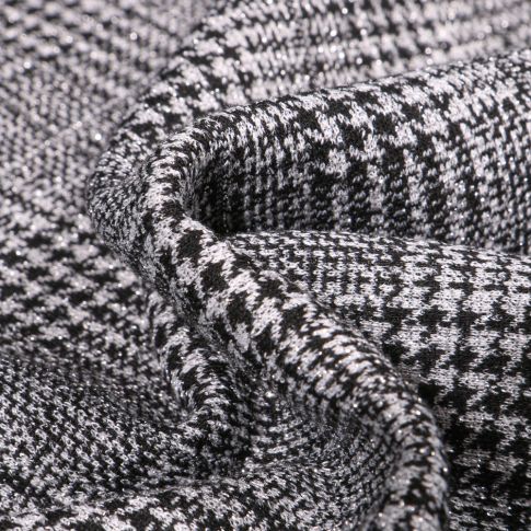 Tissu Jacquard polyviscose extensible Lurex Prince de galles pied de poule Noir sur fond Blanc