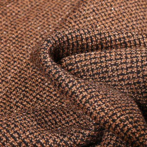 Tissu Jacquard polyviscose extensible Lurex Écossais pied de poule Noir sur fond Ocre