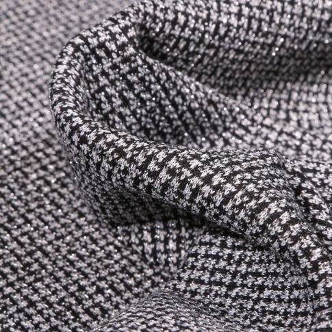 Tissu Jacquard polyviscose extensible Lurex Écossais pied de poule Noir sur fond Gris
