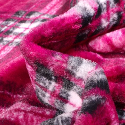 Tissu Fausse fourrure Ultra douce  Ecossais sur fond Rose fuchsia