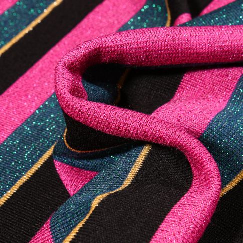 Tissu Viscose lurex Rayures rose sur fond Noir