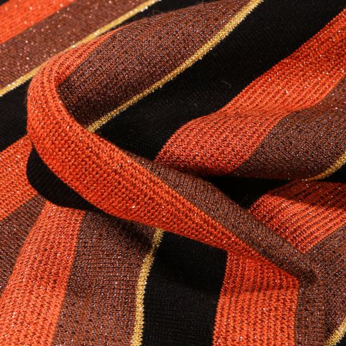 Tissu Viscose lurex Rayures  orange sur fond Noir