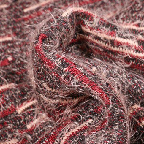 Tissu Maille texturé Rayures rouge sur fond Gris