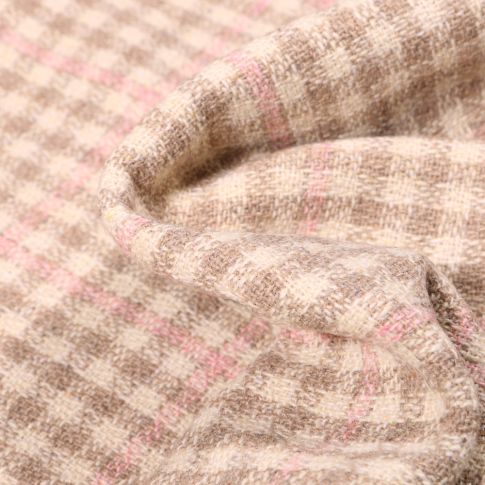 Tissu Tweed Petits carreaux roses et beiges sur fond Ecru