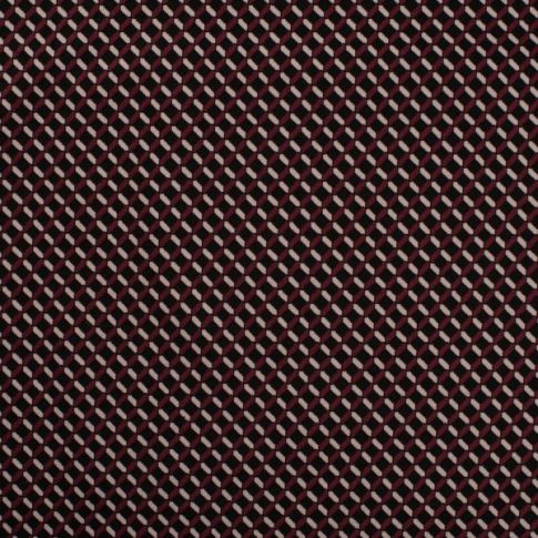 Tissu Jacquard polyviscose extensible Hexagone bordeaux sur fond Noir