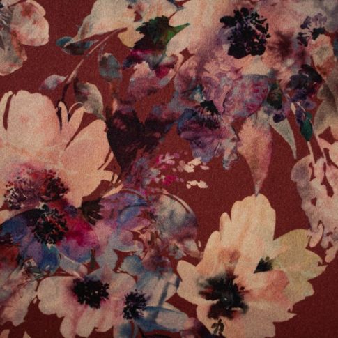 Tissu Drap de manteau Fleurs sur fond Bordeaux