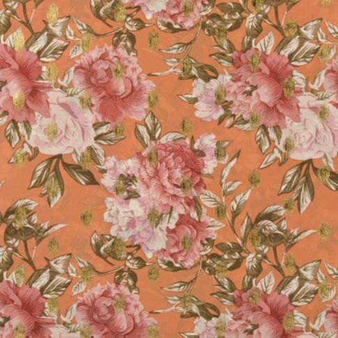 Tissu Mousseline doré Fleuris Rose sur fond Saumon