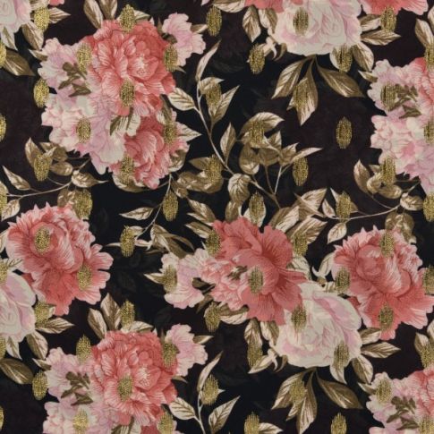 Tissu Mousseline doré Fleuris Rose sur fond Noir