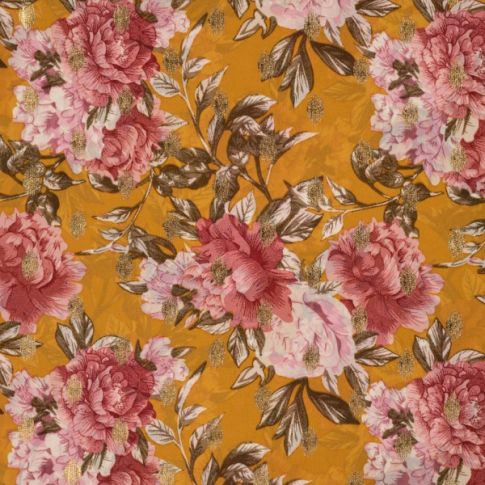 Tissu Mousseline doré Fleuris Rose sur fond Moutarde