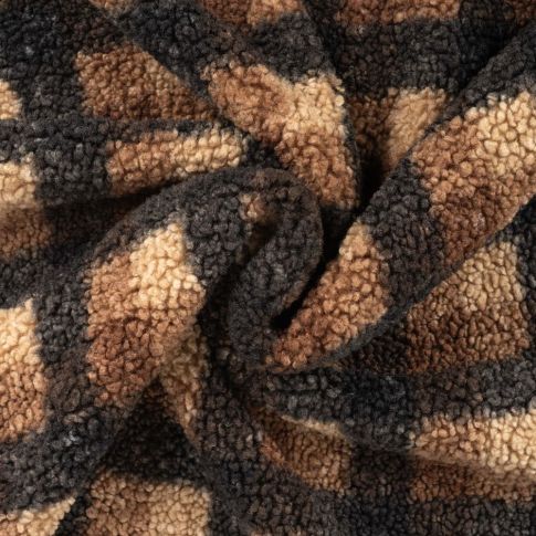 Tissu Bouclettes à Carreaux Marron et Beige