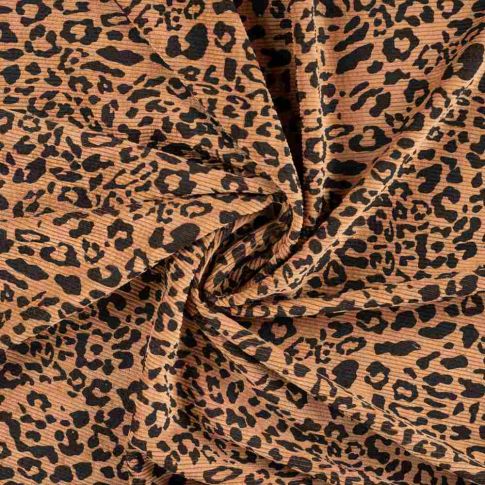 Tissu Velours Côtelé lavé  Cléa léopard Noir sur fond Camel