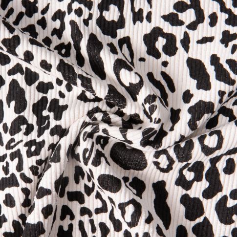 Tissu Velours Côtelé lavé  Cléa léopard Noir sur fond Blanc