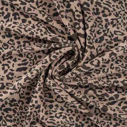 Tissu Velours Côtelé lavé  Cléa léopard Noir sur fond Taupe