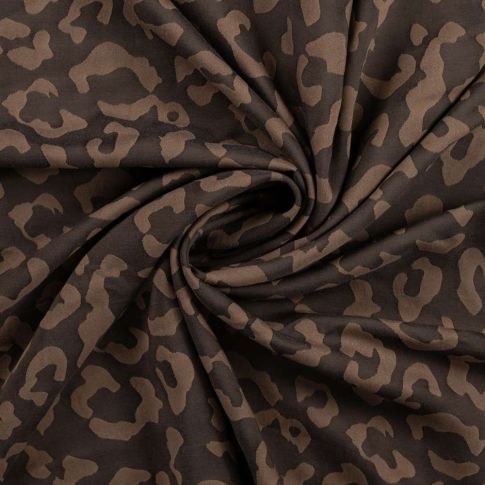 Tissu Polyviscose Ayana léopard Camel sur fond Marron chocolat