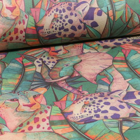 Tissu Toile Transat Dralon Têtes d'animaux sur fond Vert