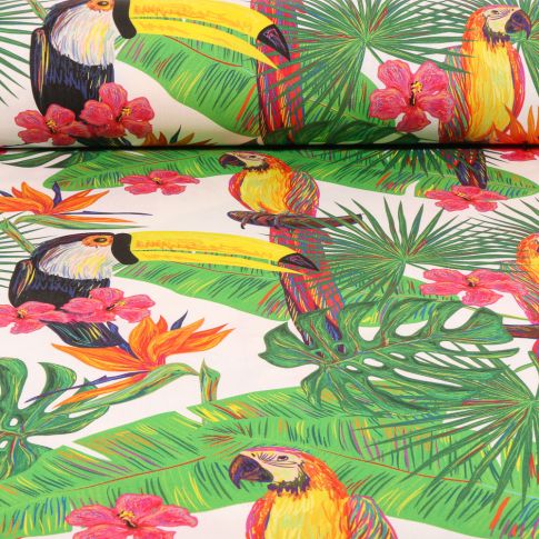 Tissu Toile Transat Dralon Exotique sur fond Blanc cassé