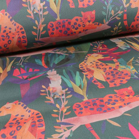 Tissu Toile Transat Dralon Panthère et feuilles sur fond Vert fluo