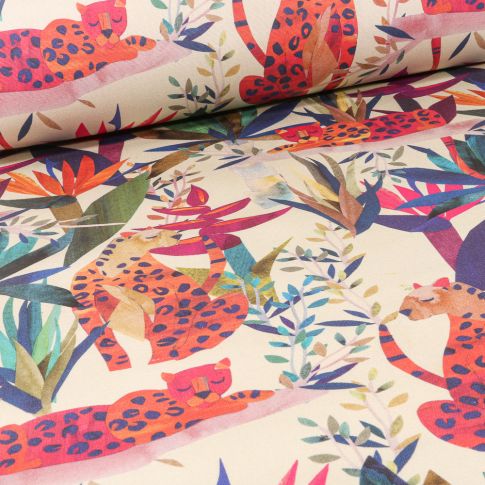Tissu Toile Transat Dralon Panthère et feuilles sur fond Naturel