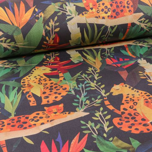 Tissu Toile Transat Dralon Panthère et feuilles   sur fond Bleu marine