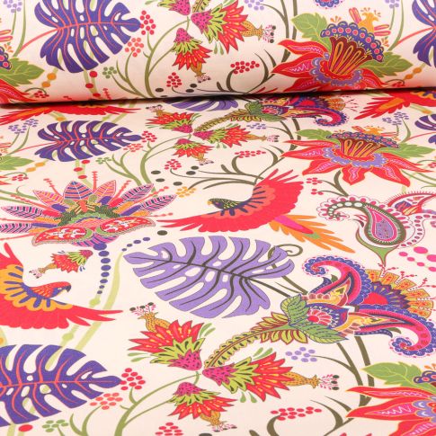 Tissu Toile Transat Dralon Oiseaux des tropiques sur fond Beige