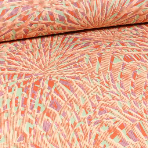Tissu Toile Transat Dralon Feuilles de palmiers colorées sur fond Orange