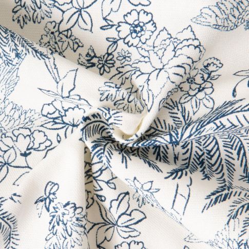 Tissu Toile de Jouy Palme Indigo sur fond Naturel
