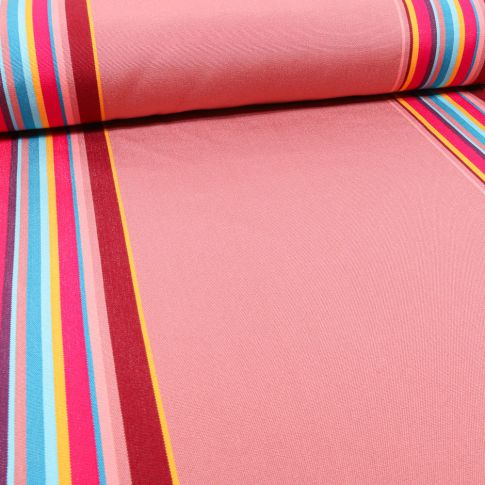 Tissu Toile Transat Rayures vitaminés sur fond Rose