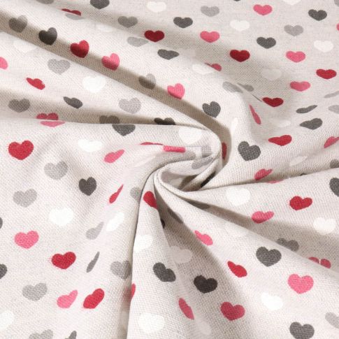 Tissu Toile de Coton Coeurs Valentine Bordeaux sur fond Ecru chiné