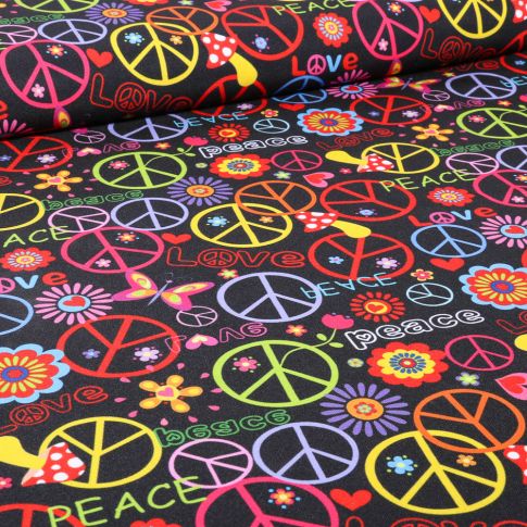Tissu Bengaline Peace sur fond Noir
