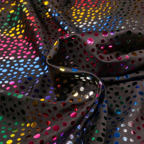 Tissu Jersey Lycra Petits pois métalissés multicolores sur fond Noir