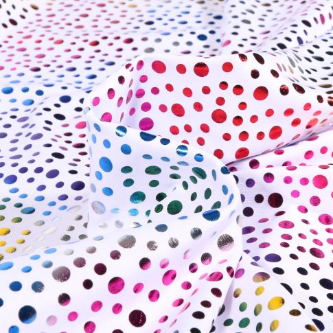 Tissu Jersey Lycra Petits pois métalissés multicolores sur fond Blanc