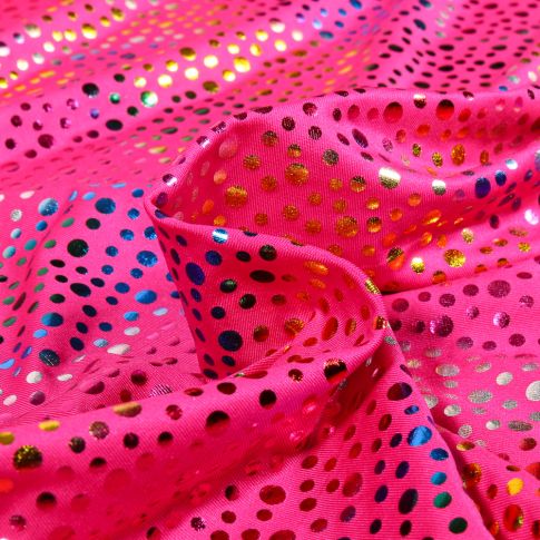 Tissu Jersey Lycra Petits pois métalissés multicolores sur fond Rose fuchsia