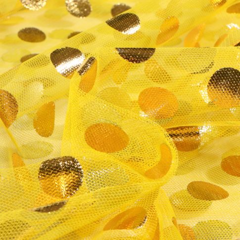 Tissu Tulle souple  Cercles métallisés sur fond Jaune