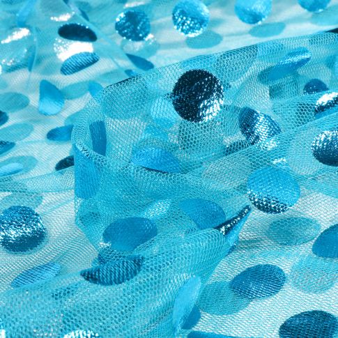 Tissu Tulle souple  Cercles métallisés sur fond Bleu turquoise