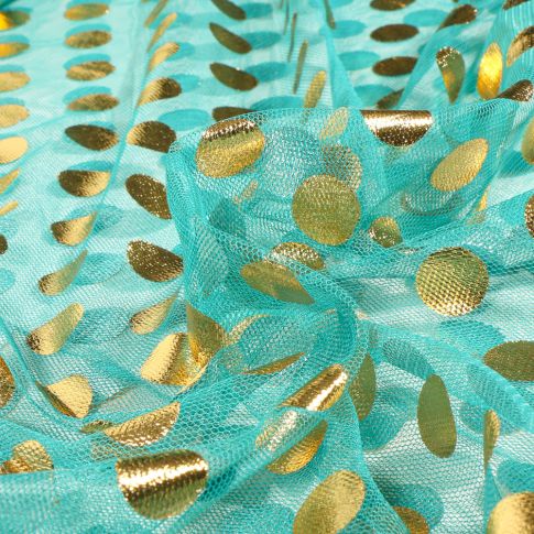 Tissu Tulle souple  Cercles métallisés sur fond Vert menthe