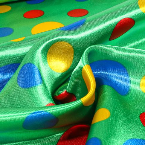 Tissu Satin Carnaval Pois multicolores sur fond Vert