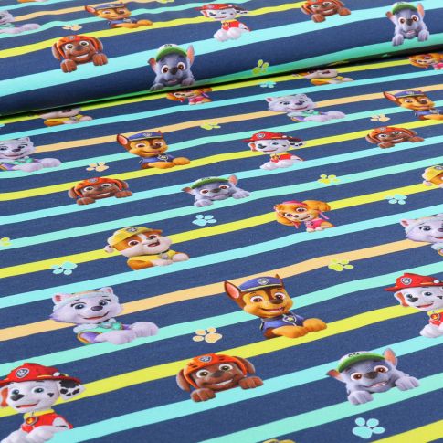 Tissu Jersey Coton sous licence Pat' Patrouille rayé sur fond Bleu marine