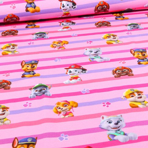Tissu Jersey Coton sous licence Pat' Patrouille rayé sur fond Rose