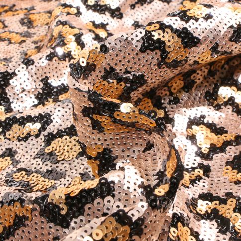 Tissu Sequins extensible Léopard sur fond Bronze