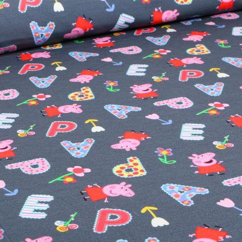 Tissu Jersey Coton sous licence Peppa Pig sur fond Gris anthracite