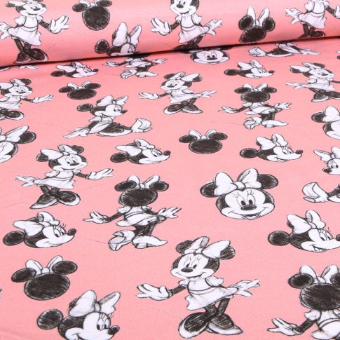 Tissu Jersey Coton sous licence Miss Minnie sur fond Rose