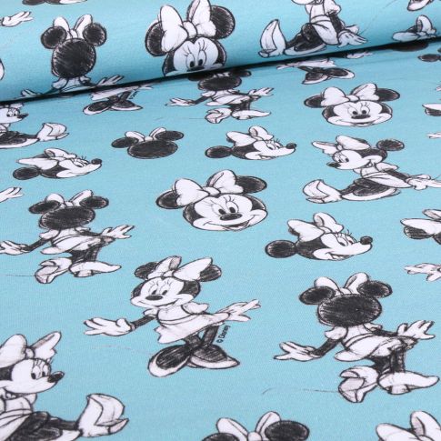 Tissu Jersey Coton sous licence Miss Minnie sur fond Bleu