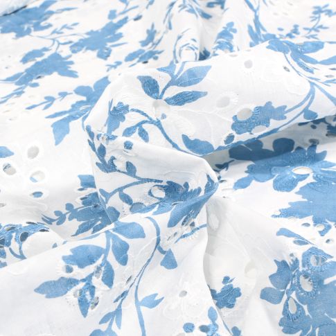 Tissu Voile de Coton brodé Balya bleu sur fond Blanc