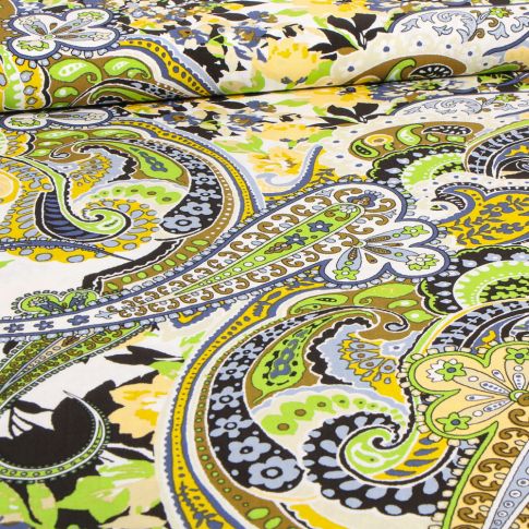Tissu Viscose Motifs cachemire colorés vert lime sur fond Blanc