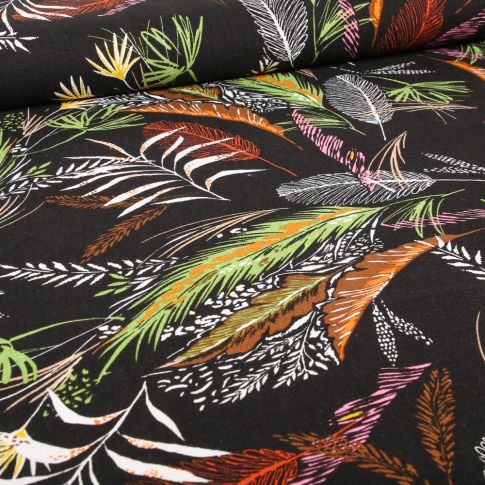 Tissu Viscose Lin Feuillages multicolores sur fond Noir