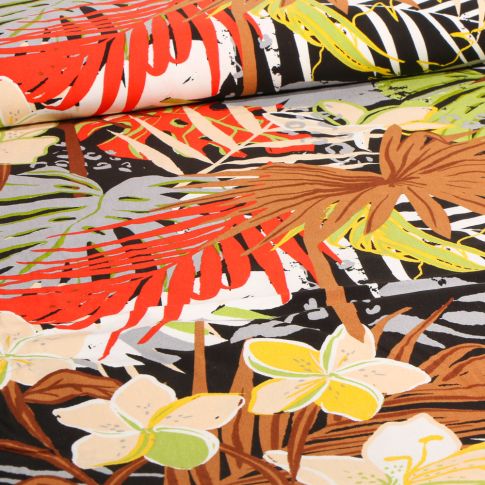 Tissu Viscose stretch Tropic'léo sur fond Noir