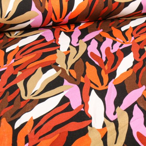 Tissu Jersey Viscose  Algua orange sur fond Noir